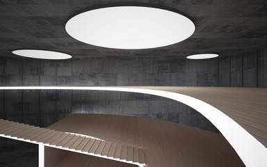 Abstract  concrete and wood interior multilevel public space with neon lighting. 3D illustration and rendering.