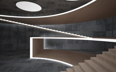 Abstract  concrete and wood interior multilevel public space with neon lighting. 3D illustration and rendering.