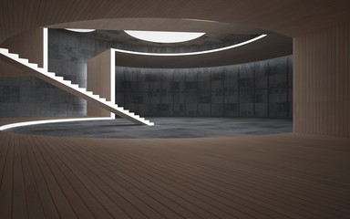 Abstract  concrete and wood interior multilevel public space with neon lighting. 3D illustration and rendering.