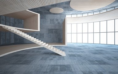 Obraz premium Abstract concrete and wood interior multilevel public space with window. 3D illustration and rendering.