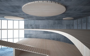 Obraz premium Abstract concrete and wood interior multilevel public space with window. 3D illustration and rendering.
