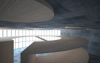 Abstract  concrete and wood interior multilevel public space with window. 3D illustration and rendering.