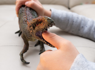 kid playing a Carcharodontosaurus toy and putting his finger inside the mouth