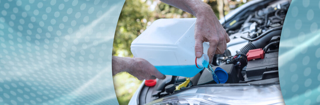 Hands of mechanic pouring washer in a car. panoramic banner