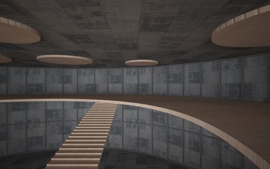 Abstract  concrete and wood interior multilevel public space with window. 3D illustration and rendering.