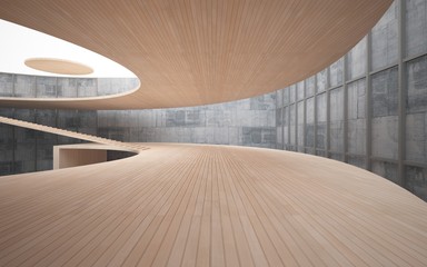 Abstract concrete and wood interior multilevel public space with window. 3D illustration and rendering.