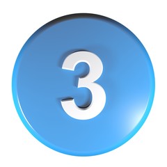 Number 3 blue circle push button - 3D rendering illustration
