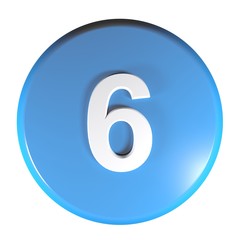 Number 6 blue circle push button - 3D rendering illustration