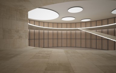 Obraz premium Abstract concrete and wood interior multilevel public space with neon lighting. 3D illustration and rendering.