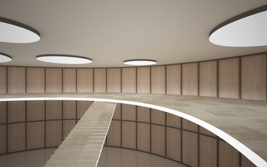 Obraz premium Abstract concrete and wood interior multilevel public space with neon lighting. 3D illustration and rendering.