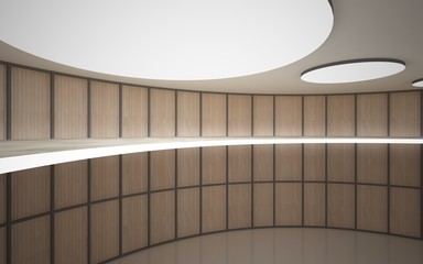 Obraz premium Abstract concrete and wood interior multilevel public space with neon lighting. 3D illustration and rendering.