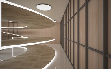 Obraz premium Abstract concrete and wood interior multilevel public space with neon lighting. 3D illustration and rendering.