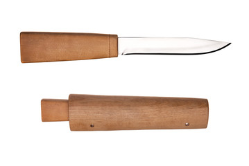Wooden case for Hunting knife and knife  isolated on white