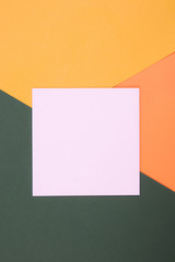 Flat lay with green, coral and orange colors and empty pastel pink blank. Flat lay for your design. Trendy colors.