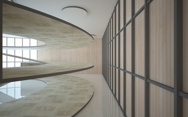Fototapeta premium Abstract concrete and wood interior multilevel public space with window. 3D illustration and rendering.
