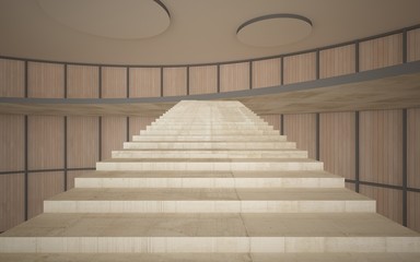 Abstract  concrete and wood interior multilevel public space with window. 3D illustration and rendering.