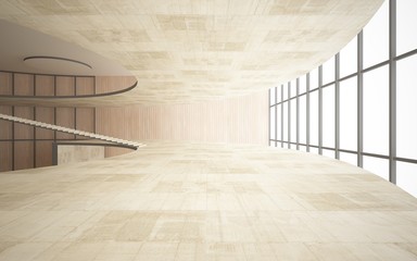 Obraz premium Abstract concrete and wood interior multilevel public space with window. 3D illustration and rendering.