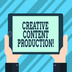 Text sign showing Creative Content Production. Conceptual photo Developing and creating visual or written assets Hu analysis Hand Holding Blank Screen Tablet Smartphone Display Unit photo