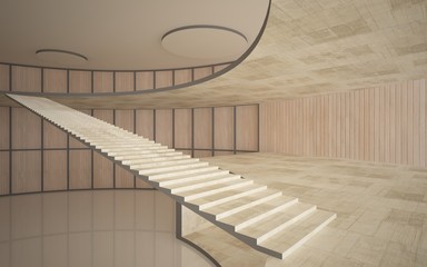 Obraz premium Abstract concrete and wood interior multilevel public space with window. 3D illustration and rendering.