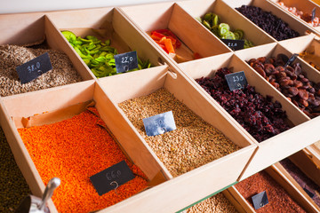 Grocery weighed out products on a wooden tray