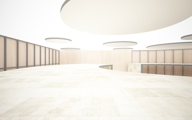 Abstract  concrete and wood interior multilevel public space with window. 3D illustration and rendering.