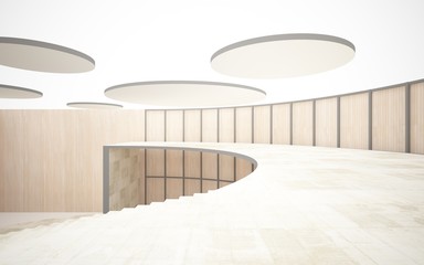 Abstract  concrete and wood interior multilevel public space with window. 3D illustration and rendering.