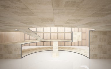 Abstract  concrete and wood interior multilevel public space with window. 3D illustration and rendering.