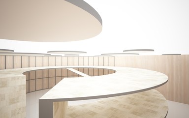 Abstract  concrete and wood interior multilevel public space with window. 3D illustration and rendering.