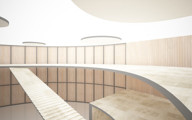 Abstract  concrete and wood interior multilevel public space with window. 3D illustration and rendering.