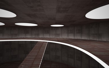 Fototapeta premium Abstract concrete and rusty metal interior multilevel public space with neon lighting. 3D illustration and rendering.