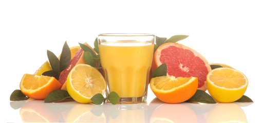 Citrus juices. orange juice in a glass with fresh fruit on a white isolated background