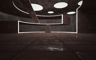 Abstract  concrete and rusty metal interior multilevel public space with neon lighting. 3D illustration and rendering.