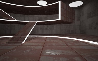Abstract  concrete and rusty metal interior multilevel public space with neon lighting. 3D illustration and rendering.