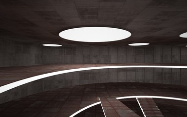 Obraz premium Abstract concrete and rusty metal interior multilevel public space with neon lighting. 3D illustration and rendering.