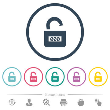 Unlocked combination lock with center numbers flat color icons in round outlines