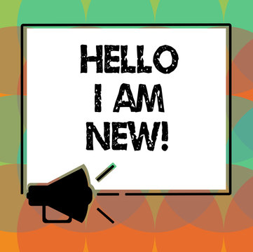 Word writing text Hello I Am New. Business concept for Introducing yourself to unknown showing newbie in the team Megaphone Sound icon Outlines Blank Square Loudspeaker Text Space photo