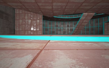 Abstract  concrete and rusty metal interior multilevel public space with window. 3D illustration and rendering.