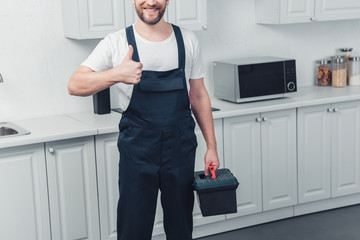 partial view of bearded repairman in working overall holding toolbox and showing thumb up in kitchen at home