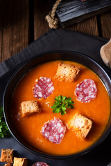 Hungarian paprika cream soup with spicy sausage