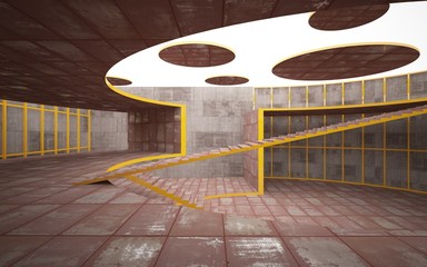 Abstract  concrete and rusty metal interior multilevel public space with window. 3D illustration and rendering.