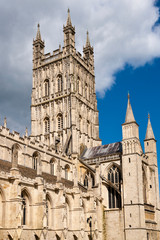 Fototapeta na wymiar The tower of Gloucester cathedral in spring sunshine, Gloucestershire, UK