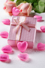 Pink heart, box and roses. Valentine's Day.