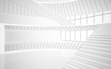 Abstract drawing white interior multilevel public space with window. Polygon black drawing. 3D illustration and rendering.