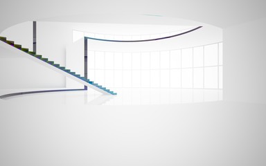 Abstract white and colored gradient glasses interior multilevel public space with window. 3D illustration and rendering.