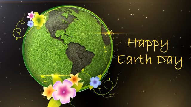 Happy Earth Day Globe in Space 4K Loop features a revolving grassy globe coming into view with a ring of flowers growing around it and an animated Happy Earth Day message.