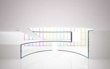 Abstract white and colored gradient glasses interior multilevel public space with window. 3D illustration and rendering.