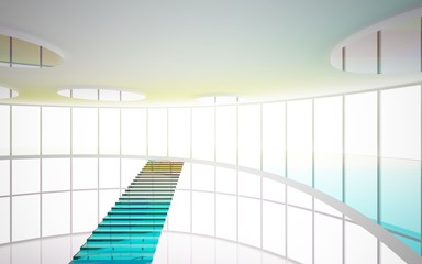 Abstract white and colored gradient glasses interior multilevel public space with window. 3D illustration and rendering.