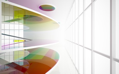 Abstract white and colored gradient glasses interior multilevel public space with window. 3D illustration and rendering.