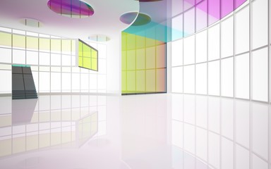 Abstract white and colored gradient glasses interior multilevel public space with window. 3D illustration and rendering.