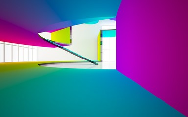 Abstract white and colored gradient  interior multilevel public space with window. 3D illustration and rendering.